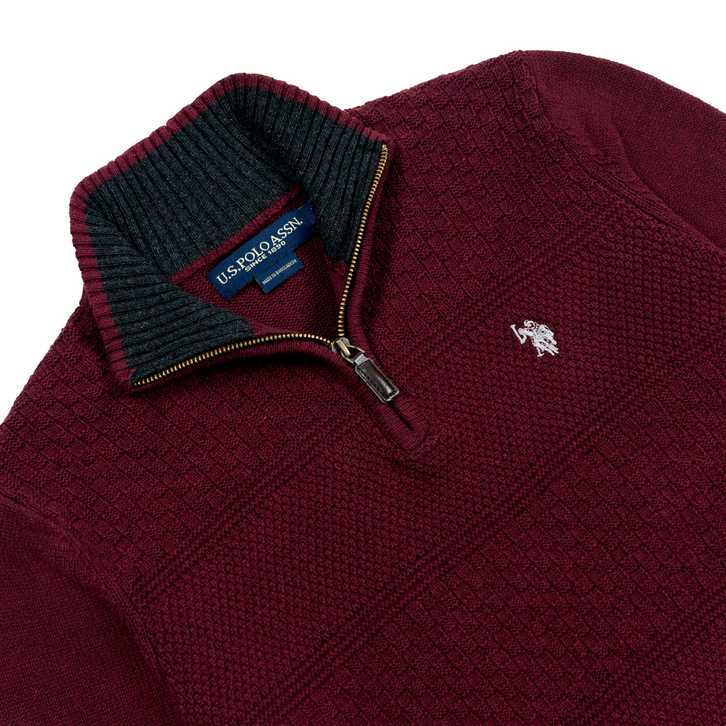 Quarter Zip Textured Knit Woolen Sweater Maroon QZS-16
