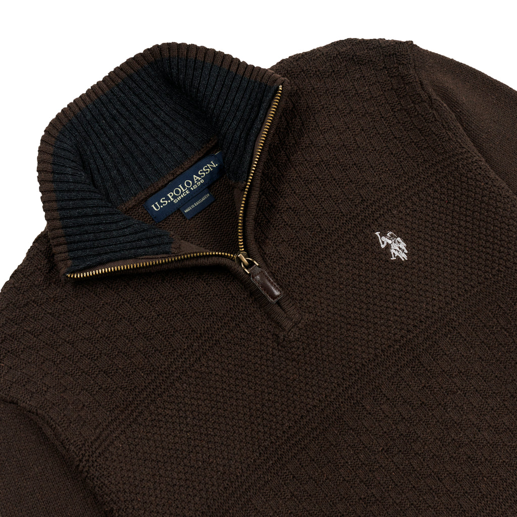 Quarter Zip Textured Knit Woolen Sweater Coffee QZS-17